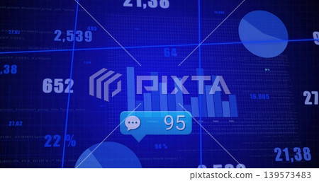 Displaying chat badge showing 95 on blue data dashboard, with bar chart, pie charts, numbers Displaying chat badge showing 95 on blue data dashboard, with bar chart, pie charts, numbers 139573483