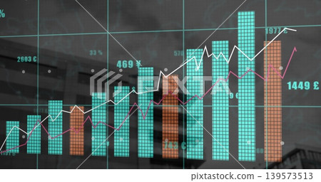 Displaying chart with turquoise orange bars white magenta lines yen pound labels on glass Displaying chart with turquoise orange bars white magenta lines yen pound labels on glass 139573513