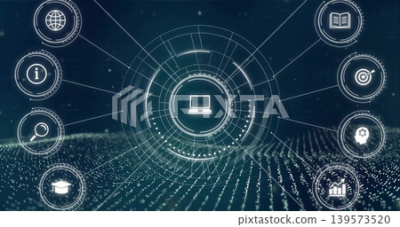 Displaying central circular HUD with laptop icon, rings on virtual dotted grid, with edge icons Displaying central circular HUD with laptop icon, rings on virtual dotted grid, with edge icons 139573520