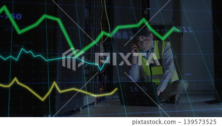 Inspecting man wearing hi-vis vest checking laptop and cables, phoning in server room, copy space Inspecting man wearing hi-vis vest checking laptop and cables, phoning in server room, copy space 139573525