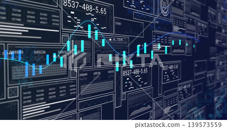 Displaying turquoise candlestick chart centering on dark screen, showing cyan MA line, readouts Displaying turquoise candlestick chart centering on dark screen, showing cyan MA line, readouts 139573559