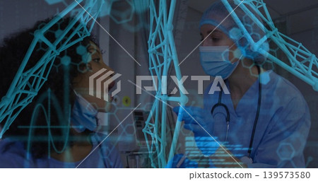 Swabbing clinician in blue scrubs mask gloves swabbing seated patient at clinic, with cyan overlay Swabbing clinician in blue scrubs mask gloves swabbing seated patient at clinic, with cyan overlay 139573580