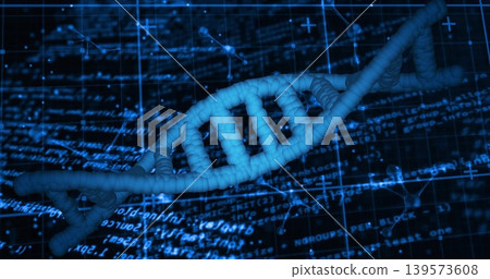 Rotating 3D blue DNA double helix twisting diagonally across navy data plane, showing code HUD 139573608