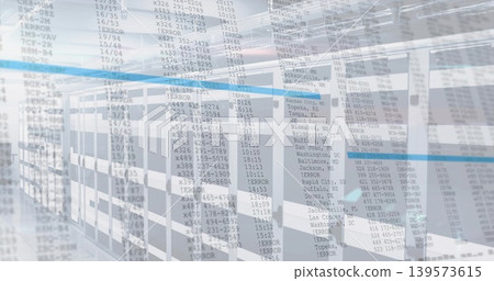 Displaying bank of server racks overlaying log columns in server room aisle, LED lights glowing Displaying bank of server racks overlaying log columns in server room aisle, LED lights glowing 139573615