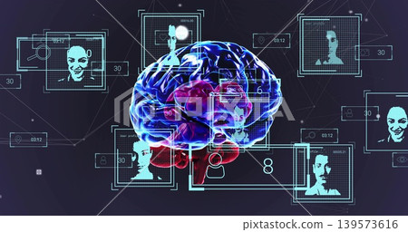 Displaying large stylized 3D brain model linking HUD frames and pixelated portraits in cyberspace Displaying large stylized 3D brain model linking HUD frames and pixelated portraits in cyberspace 139573616