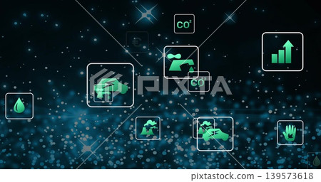 Floating green tile cluster moving across teal dashboard, with electric car, CO2, water, chart Floating green tile cluster moving across teal dashboard, with electric car, CO2, water, chart 139573618