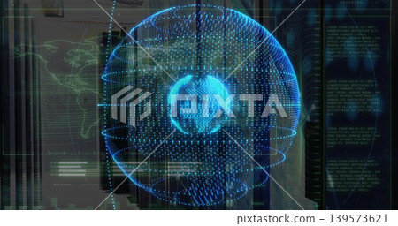 Rotating blue holographic globe emitting data streams in server room, with HUD overlays and racks Rotating blue holographic globe emitting data streams in server room, with HUD overlays and racks 139573621