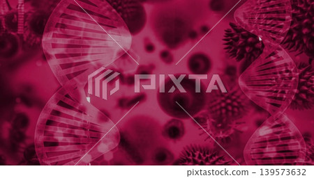 Framing DNA helices filling left and right edges in medical graphic, showing blurred cell bodies Framing DNA helices filling left and right edges in medical graphic, showing blurred cell bodies 139573632