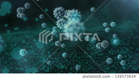 Showing spiky spherical particles drifting in lab micro scene, with bokeh discs, mist, bright flare Showing spiky spherical particles drifting in lab micro scene, with bokeh discs, mist, bright flare 139573634