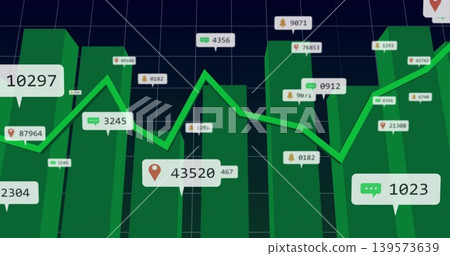 Displaying 3D green bars with bright green line tracking across dark grid dashboard, with callouts Displaying 3D green bars with bright green line tracking across dark grid dashboard, with callouts 139573639