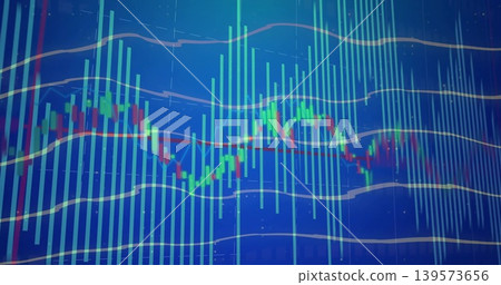 Displaying financial chart showing red green candlesticks, cyan volume bars, beige bands on screen Displaying financial chart showing red green candlesticks, cyan volume bars, beige bands on screen 139573656