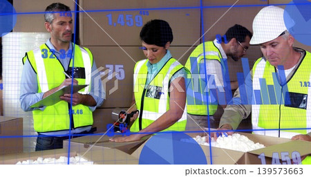 Sealing yellow-vested workers using tape dispenser and checking boxes at packing bay, blue overlays Sealing yellow-vested workers using tape dispenser and checking boxes at packing bay, blue overlays 139573663