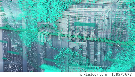 Glowing central server racks reflecting teal data visualization across data center with cable trays 139573678
