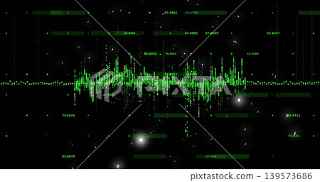 Displaying central neon-green waveform pulsing across dark digital interface, with numeric labels Displaying central neon-green waveform pulsing across dark digital interface, with numeric labels 139573686