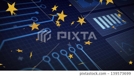 Glittering golden stars floating over navy grid with cyan nodes, faint UI panels showing charts Glittering golden stars floating over navy grid with cyan nodes, faint UI panels showing charts 139573699