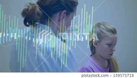Leaning doctor in lab coat observing child in purple shirt in clinic with stethoscope data graphs Leaning doctor in lab coat observing child in purple shirt in clinic with stethoscope data graphs 139573718