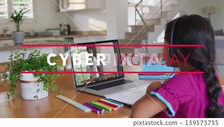 Studying girl wearing magenta shirt headset using laptop at kitchen table, CYBER MONDAY, copy space Studying girl wearing magenta shirt headset using laptop at kitchen table, CYBER MONDAY, copy space 139573755