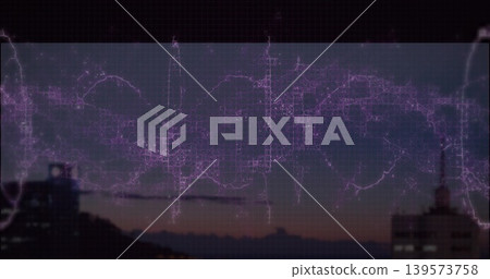 Showing centered overlay over dusk skyline showing violet vein lines above dark buildings and ridge Showing centered overlay over dusk skyline showing violet vein lines above dark buildings and ridge 139573758
