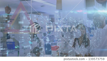 Writing scientists in white lab coats pointing at glass in research lab with caution decal, marker Writing scientists in white lab coats pointing at glass in research lab with caution decal, marker 139573759