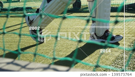Framing batter's white batting pads and shoes through green netting on turf, showing 2002 2014 Framing batter's white batting pads and shoes through green netting on turf, showing 2002 2014 139573764