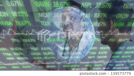 Discussing doctors in lab coats reviewing data at hospital, with globe overlay, ECG and stethoscope 139573779