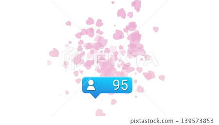 Floating blue alert badge tail showing white user-silhouette 95 on white canvas, rising pink hearts Floating blue alert badge tail showing white user-silhouette 95 on white canvas, rising pink hearts 139573853