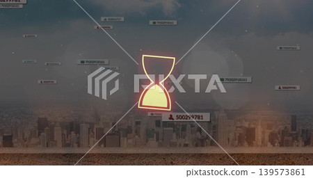 Glowing hourglass icon hovering above rooftop overlooking city skyline, with floating data labels Glowing hourglass icon hovering above rooftop overlooking city skyline, with floating data labels 139573861