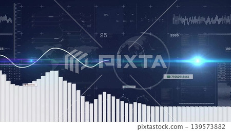 Displaying white vertical bar chart dominating virtual dashboard, showing sine curve and teal flare Displaying white vertical bar chart dominating virtual dashboard, showing sine curve and teal flare 139573882