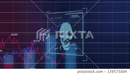 Displaying pixelated profile on dashboard, showing blue and red trends, percent labels, copy space Displaying pixelated profile on dashboard, showing blue and red trends, percent labels, copy space 139573884