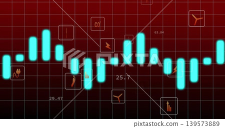 Displaying glowing cyan bars forming data series on dark red grid, with icon badges and numbers Displaying glowing cyan bars forming data series on dark red grid, with icon badges and numbers 139573889
