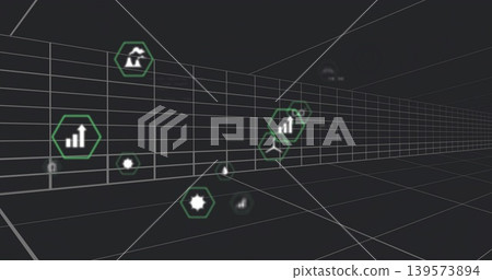 Floating cluster of hexagonal icons drifting through virtual corridor, with neon green outlines Floating cluster of hexagonal icons drifting through virtual corridor, with neon green outlines 139573894