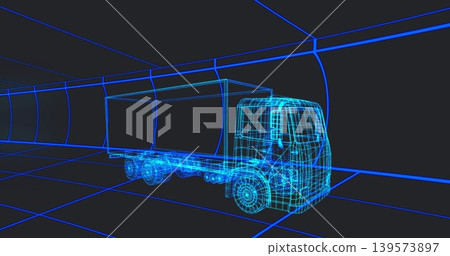 Rotating cyan-blue wireframe box truck showing cab contours, mirrors, wheels in virtual tunnel grid 139573897