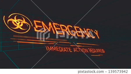 Displaying glowing EMERGENCY alert graphics filling dark VR room with biohazard symbol, cyan grid 139573942