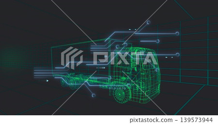 Displaying neon green wireframe truck rotating in virtual garage, with HUD lines and grid floor Displaying neon green wireframe truck rotating in virtual garage, with HUD lines and grid floor 139573944