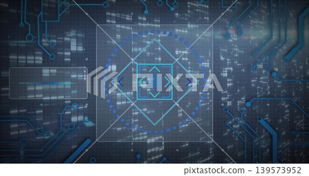Showing central holographic reticle rotating on HUD, with circuit traces and progress ring Showing central holographic reticle rotating on HUD, with circuit traces and progress ring 139573952
