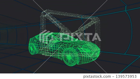 Rotating neon-green wireframe car model being scanned inside virtual chamber, with particle gantry 139573953