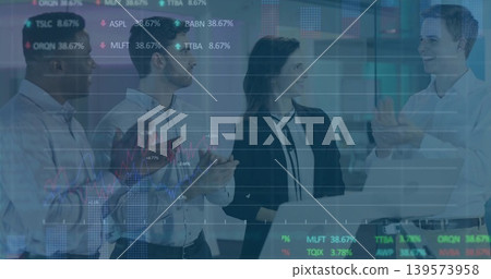 Clapping four colleagues gathering around laptop in office, in blazers, showing stock ticker charts Clapping four colleagues gathering around laptop in office, in blazers, showing stock ticker charts 139573958