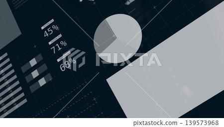 Displaying data dashboard on navy grid, pie chart, 45% or 71% or 68% labels, diagonal panel, stacked 139573968