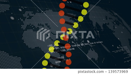 Displaying helical chain of nodes running in virtual map, dotted world map, connector bars, code 139573969