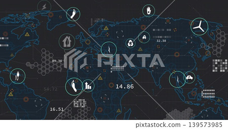 Displaying world map visualization overlaying global data on dark grid with circular markers, icons Displaying world map visualization overlaying global data on dark grid with circular markers, icons 139573985