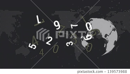 Displaying floating numeric digits rotating across digital background, with globe silhouette Displaying floating numeric digits rotating across digital background, with globe silhouette 139573988
