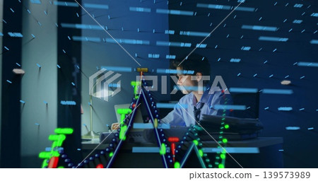 Analyzing man in light shirt and loose tie in late-night office, with laptop and candlestick charts Analyzing man in light shirt and loose tie in late-night office, with laptop and candlestick charts 139573989