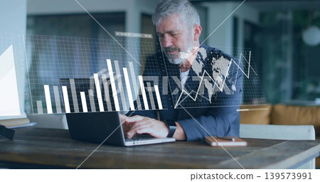 Analyzing senior man wearing blazer, watch, working on laptop with digital charts and phone at home 139573991