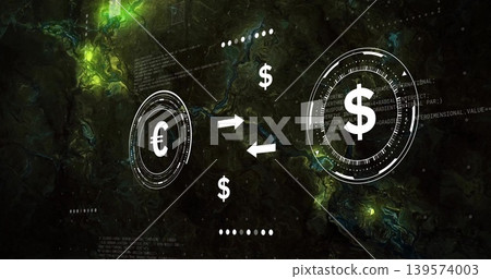 Displaying FX HUD showing Euro and Dollar circular icons on marbled UI with bidirectional arrows Displaying FX HUD showing Euro and Dollar circular icons on marbled UI with bidirectional arrows 139574003