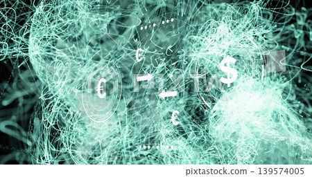 Animating centered currency graphic pulsing in digital network, showing dollar, euro, arrows, rings Animating centered currency graphic pulsing in digital network, showing dollar, euro, arrows, rings 139574005