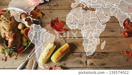 Showcasing roasted poultry platter left on wood table, with corn, pumpkins, map overlay, copy space Showcasing roasted poultry platter left on wood table, with corn, pumpkins, map overlay, copy space 139574022