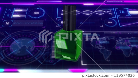 Floating green square glass bottle with black ribbed cap above lab platform, showing DNA helix HUD Floating green square glass bottle with black ribbed cap above lab platform, showing DNA helix HUD 139574026