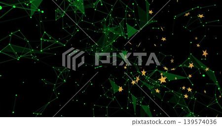 Pulsing glowing green nodes and lines forming triangular meshes in black void, with gold stars 139574036