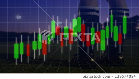 Displaying candlestick chart overlay covering turf at dusk, showing grid green red bars and cleats Displaying candlestick chart overlay covering turf at dusk, showing grid green red bars and cleats 139574054