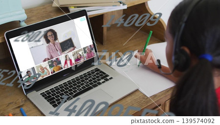 Writing student wearing red top, headset at home desk, using laptop and green pen, copy space Writing student wearing red top, headset at home desk, using laptop and green pen, copy space 139574092